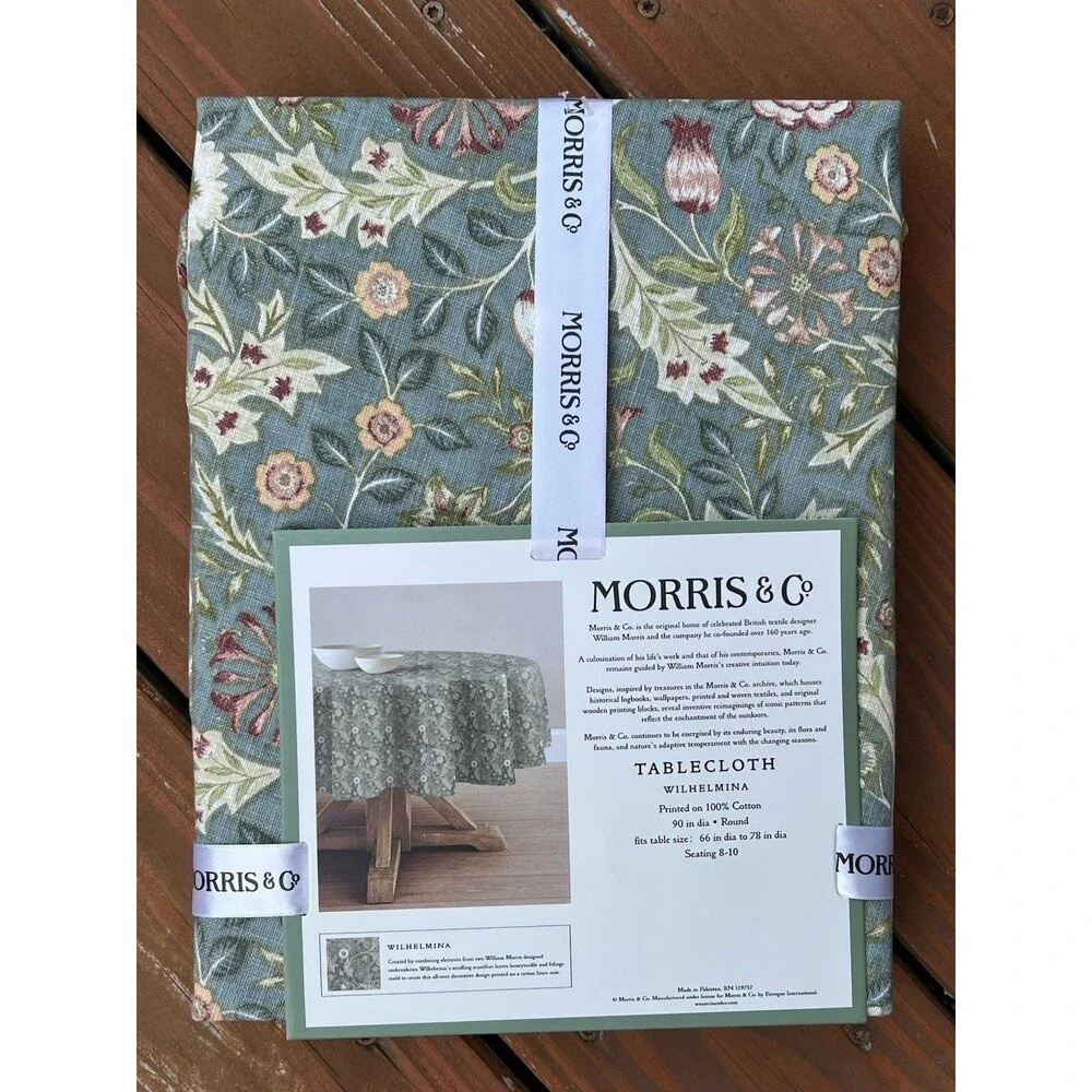 MORRIS & Co Wilhelmina 100% Cotton Tablecloth 90” ROUND Green Floral New